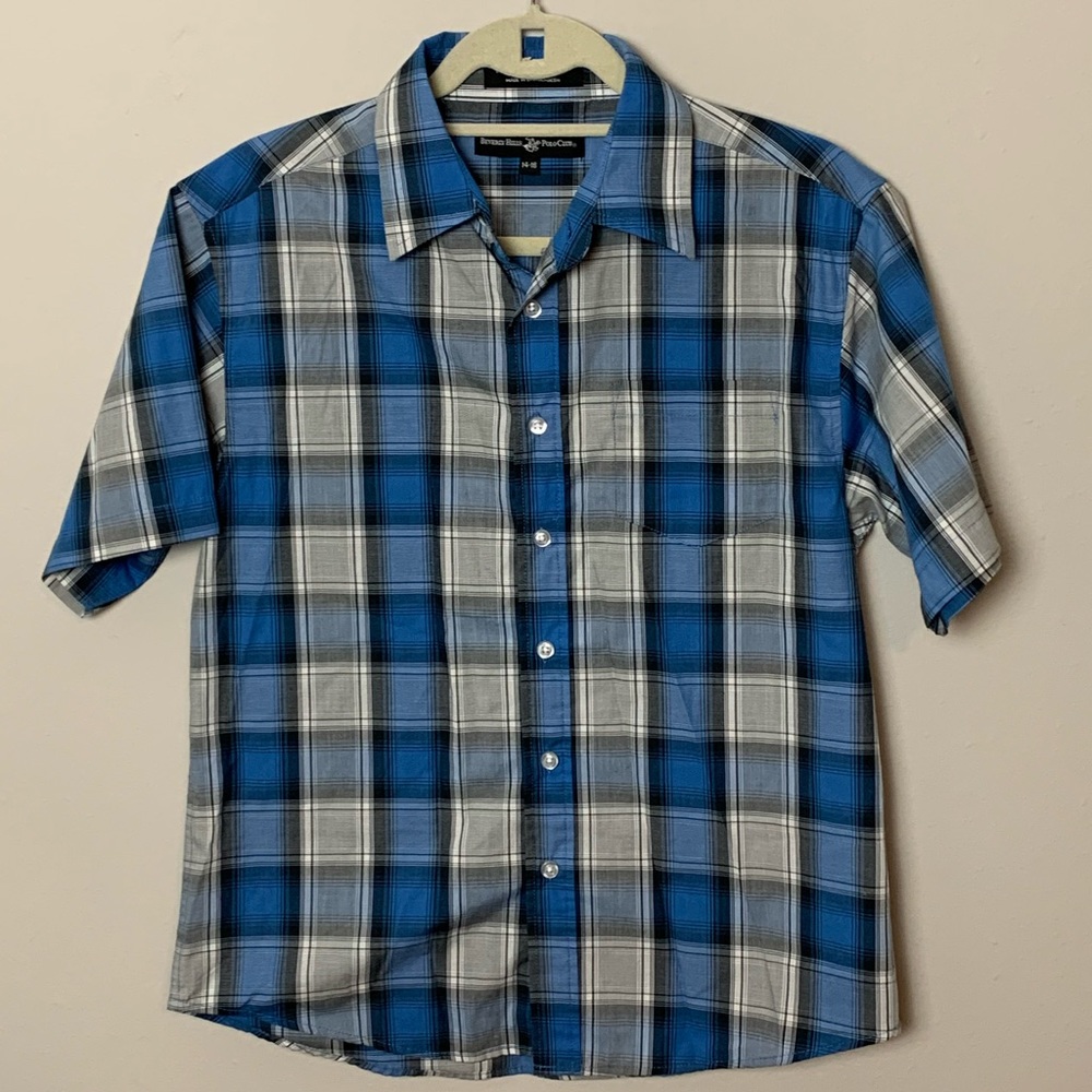 Boy plaid button downed shirt 14-16 blue collared